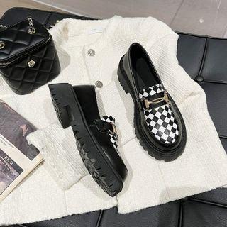 Checkered Platform Block Heel Loafers