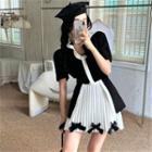 Two-tone Asymmetrical Blouse / Ribbon Pleated Skirt