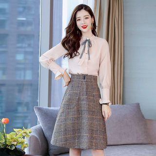 Set: Bow Neck Blouse + Plaid A-line Skirt
