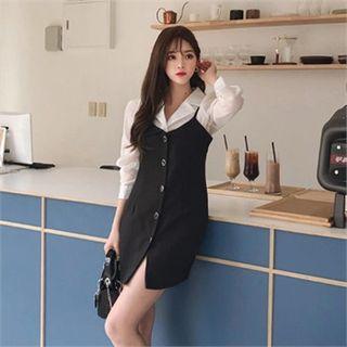Set: Notched-collar Shirt + Buttoned Pinafore Minidress Black - One Size