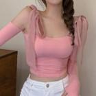 Long-sleeve Cutout Tie Accent Top Pink - One Size