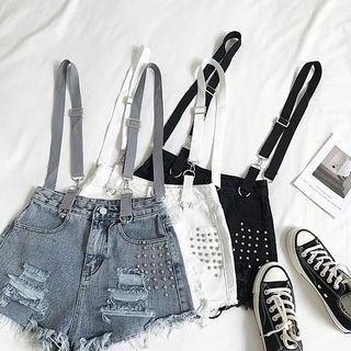Studded Frayed Hem Ripped Suspender Denim Hot Pants