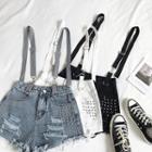 Studded Frayed Hem Ripped Suspender Denim Hot Pants