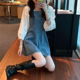 Puff-sleeve Paneled A-line Denim Dress