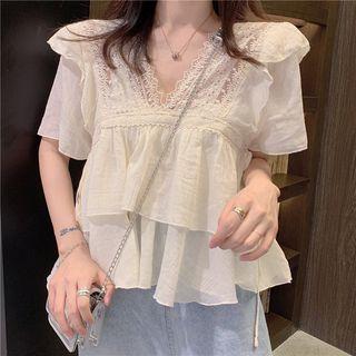 Lace Panel Ruffle Trim Short-sleeve Top As Shown In Figure - One Size