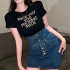 Short-sleeve Lettering Sequin T-shirt / High Waist Denim Mini Pencil Skirt