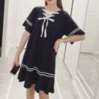Striped Lace-up Elbow-sleeve T-shirt Dress