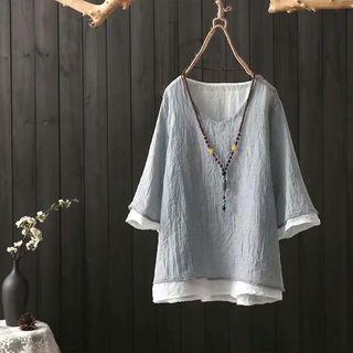 3/4-sleeve V-neck Mock Two-piece Top