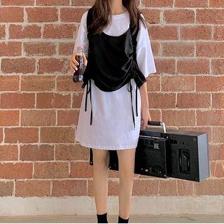 Plain Elbow-sleeve T-shirt / Drawstring-side Vest