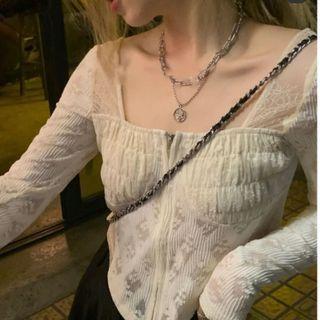 Long-sleeve Square-neck Zip Lace Top White - One Size