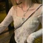Long-sleeve Square-neck Zip Lace Top White - One Size