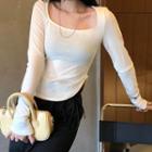 Long-sleeve Plain Knit Top Pale Yellow - One Size