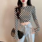 Long-sleeve Checkerboard Cropped T-shirt Black & White - One Size