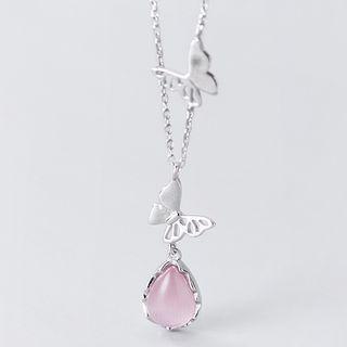 925 Sterling Silver Butterfly Cat Eye Stone Droplet Pendant Necklace