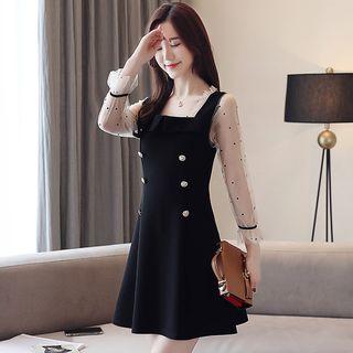 Mock Two-piece 3/4-sleeve Double Breasted A-line Mini Dress