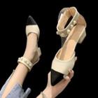 Cap-toe Faux Pearl Ankle Strap Block Heel Sandals