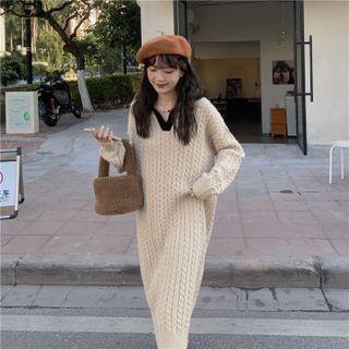 Contrast Collar Knit Midi Shift Dress Almond - One Size