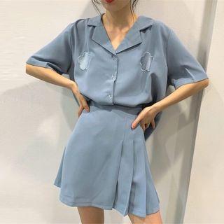 Embroidered Elbow-sleeve Shirt / Pleated Skirt
