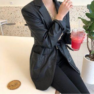 Single-breasted Faux-leather Jacket With Belt Black - One Size