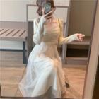 Mesh Overlay Shirred Knit Midi Dress