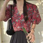 V-neck Floral Cropped Blouse Red - One Size