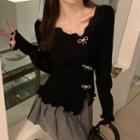 Rhinestone Bow Lettuce Edge Knit Top