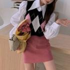 Argyle Knit Vest / Long-sleeve Shirt / Mini Fitted Skirt