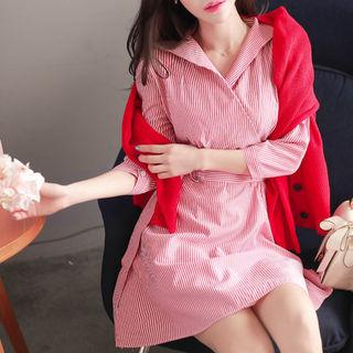Wrap-front Belted Stripe Shirtdress