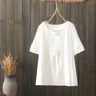 Tassel Detail Elbow-sleeve T-shirt White - One Size