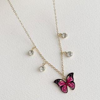 Rhinestone Butterfly Necklace Gold & Black & Red - One Size