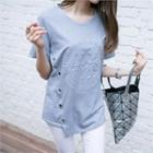 Asymmetric-hem Buttoned Embossed T-shirt