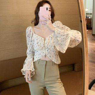 Long-sleeve Floral Print Zip Cropped Blouse / Dress Pants