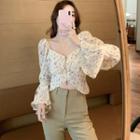 Long-sleeve Floral Print Zip Cropped Blouse / Dress Pants