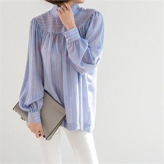 Mock-neck Faux-pearl Buttoned Striped Top