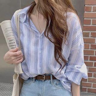 Long-sleeve Stripe Loose Fit Sheer Shirt