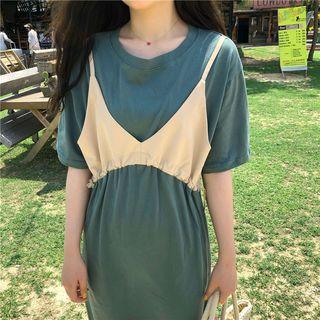 Mock Two-piece Drawstring T-shirt Dress