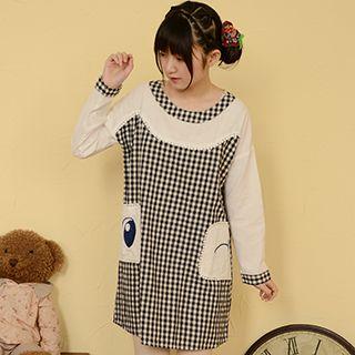 Gingham Panel Long-sleeve Dress