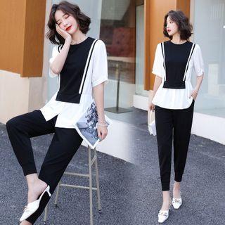 Set: Short Sleeve Two Tone Tunic Top + High Waist Plain Tapered Pants