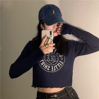 Long-sleeve Print Cropped T-shirt Navy Blue - One Size