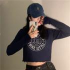Long-sleeve Print Cropped T-shirt Navy Blue - One Size