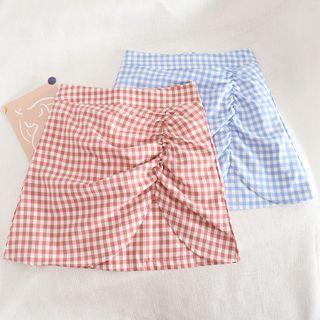 Plaid Drawstring High-waist Skirt