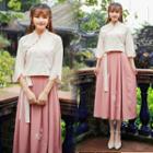 Set: Long-sleeve Qipao Top + Midi Skirt