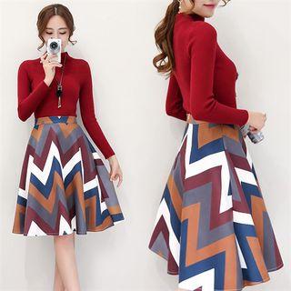 Set: Mock Neck Long-sleeve Knit Top + Chevron A-line Skirt