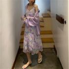 Long-sleeve Sheer Shirt / Spaghetti Strap Floral A-line Midi Dress