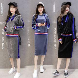 Set: Contrast Stripe Hooded Top + Midi Skirt