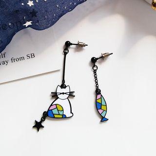 Non-matching Alloy Cat & Fish Dangle Earring