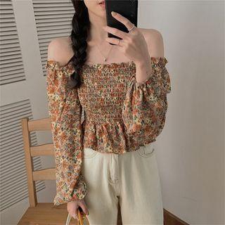 Floral Long-sleeve Square-neck Cropped Blouse As Shown In Figure - One Size