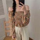 Floral Long-sleeve Square-neck Cropped Blouse As Shown In Figure - One Size