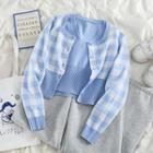 Cropped Checked Cardigan / Sleeveless Knit Top / Plain Sweatpants