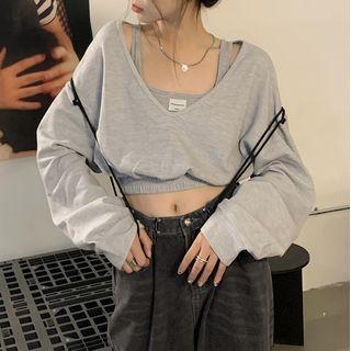 Mock Two-piece Cropped Long-sleeve Sweatshirt